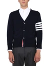 Thom Browne Cropped Blue Cardigan With Deep V-neck And Signature Stripes In Blue