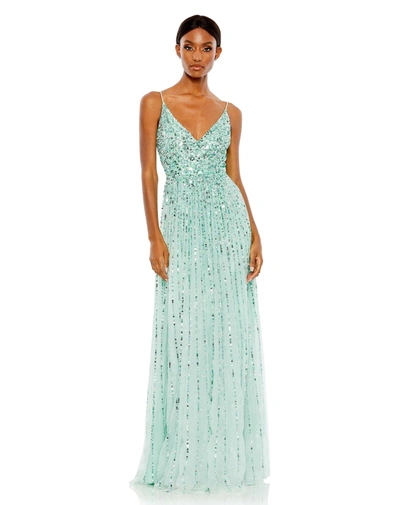 Mac Duggal Sequined Sleeveless Wrap Over A-line Gown In Mint