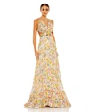 Mac Duggal Floral Print Cut Out Lace Up Tiered Gown In Beige