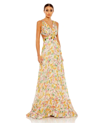 MAC DUGGAL FLORAL PRINT CUT OUT LACE UP TIERED GOWN