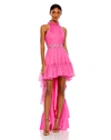 Mac Duggal Halter Neck High Low Flowy Gown In Pink