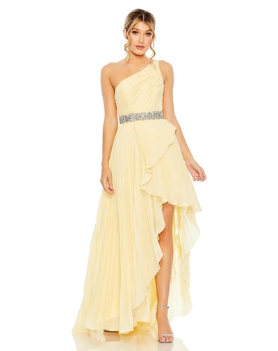 MAC DUGGAL PLEATED ONE SHOULDER ASYMMETRICAL RUFFLE HEM GOWN