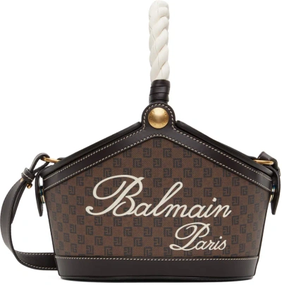 Balmain Monogram Canvas And Leather Bucket Bag In Brown