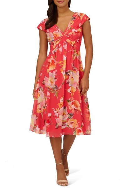 Adrianna Papell Floral Twist Front Chiffon Midi Dress In Coral Multi