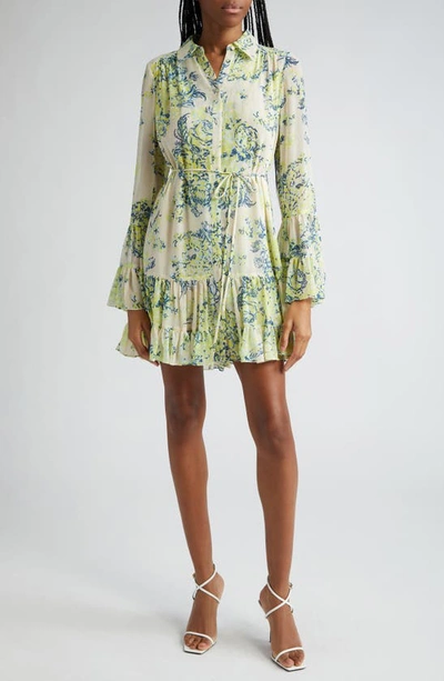 Cinq À Sept Lyra Floral Bell-sleeve Mini Shirt Dress In Yellow