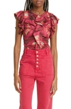 Ulla Johnson Vida Diamond-shibori Silk Ruffled Top In Wild Rose