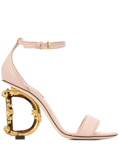 Dolce & Gabbana 'baroque' Light Pink Sandals With Logo Heel In Leather Woman In Rosado Claro