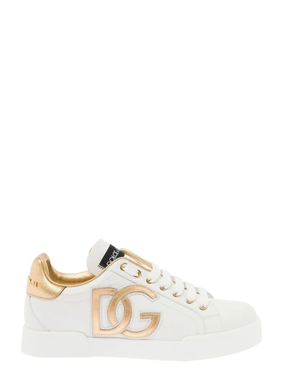 DOLCE & GABBANA 'PORTOFINO' WHITE LOW TOP SNEAKERS WITH METALLIC INSERTS IN LEATHER WOMAN