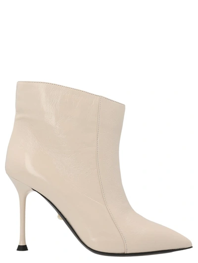 Alevì Cher 095 High Heels Ankle Boots In Beige Leather In White