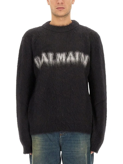 Balmain Retro Logo Mohair Blend Sweater In Black