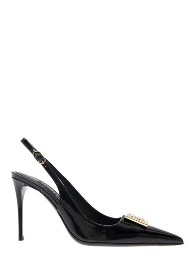 DOLCE & GABBANA BLACK SLINGBACK PUMPS WITH METAL DG PATCH IN SHINY LEATHER WOMAN