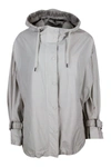 Brunello Cucinelli Water Resistant Outerware Jacket With Hood And Drawstring Hem. Curl On The Sleeve With Precious Jewe In Gesso