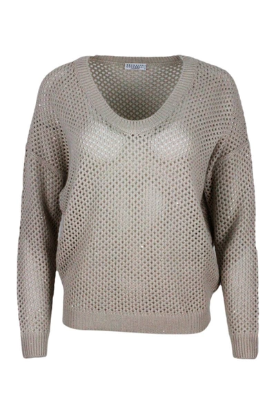 Brunello Cucinelli V-neck Sweater In Cashmere And Silk With Mesh Processing Embellished With Micro Sequins In Beige