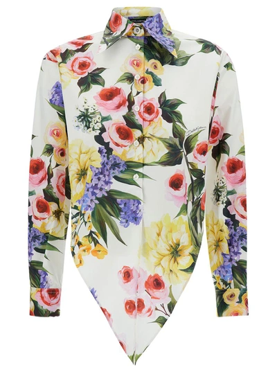 Dolce & Gabbana Floral Print Cropped Poplin Shirt With Front Tie In Multicolor