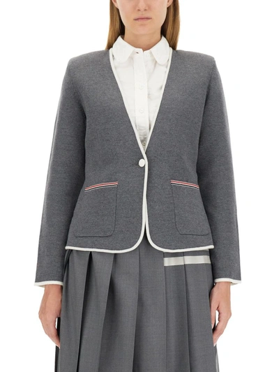 Thom Browne Single Breasted Knit Jacket In Grey