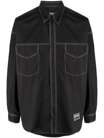 Versace Jeans Couture Logo-patch Cotton Shirt In 899 Black