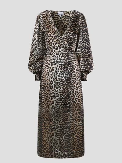 Ganni Leopard Printed Wrap Dress In Brown