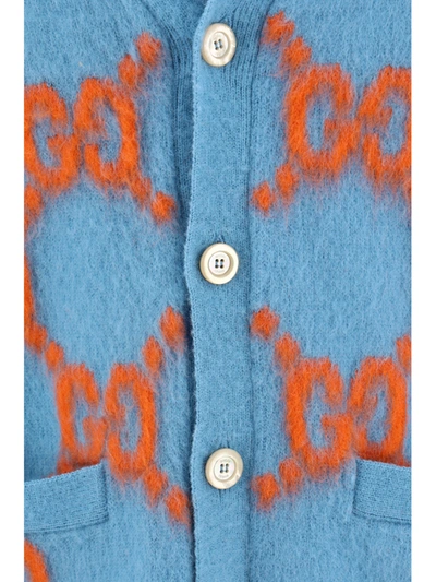 Gucci Wool Cardigan With Gg Intarsia In Azure/orange