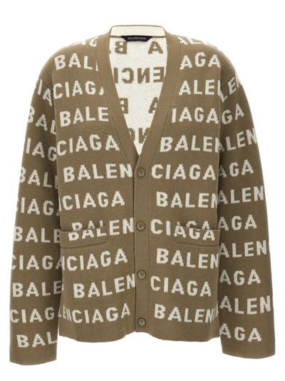 Balenciaga All-over Logo Cardigan Jumper, Cardigans In Beige
