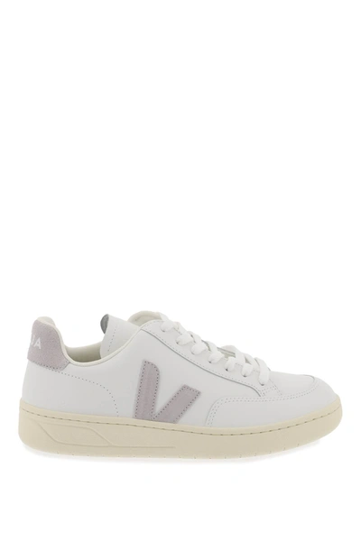 Veja V-12 Mixed Leather Low-top Sneakers In White, Grey