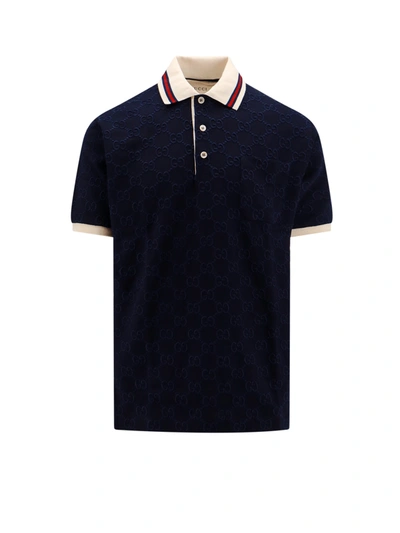 Gucci Cotton Polo Shirt With Gg Embroidery In Blue
