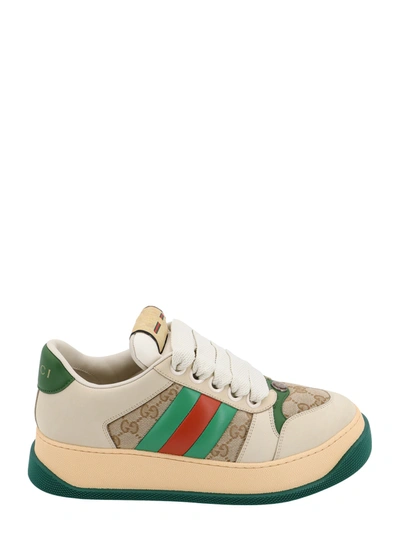 Gucci Gg Original Fabric And Leather Sneakers With Lateral Web Band In Nude