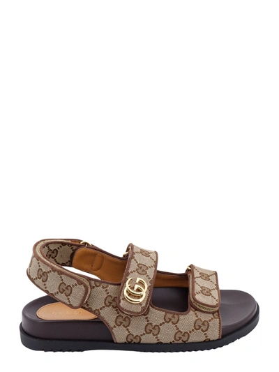 Gucci Gg Original Fabric Sandals With Leather Profiles In Beige