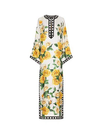 Dolce & Gabbana Long Printed Silk Kaftano Dress In Yellow
