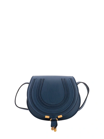 Chloé Marcie Small Leather Shoulder Bag With Logo Engraving In Blue