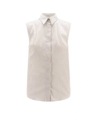 Brunello Cucinelli Sleeveless Shirt With Monili Details In Neutral