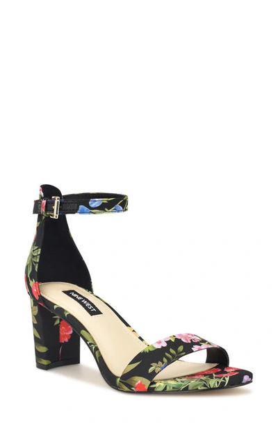 Nine West Women's Pruce Round Toe Block Heel Dress Sandals In Black Garden Print Multi - Textile