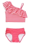 Rufflebutts Kids' Hot Pink Heart Ruffle One-shoulder Two-piece Swimsuit In Pink