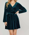 She + Sky Surplice Dress With Gold-dot In Teal Green Velvet In Multi