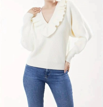 Molly Bracken V Neck Ruffle Trim Sweater In Off White