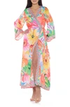 Ranee's Floral Long Sleeve Wrap Duster In Orange