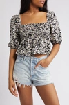 Asos Design Square Neck Top With Shirred Bodice In Mono Floral Print-black In Black