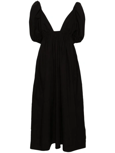 Ganni V-neck Poplin Midi Dress In Black