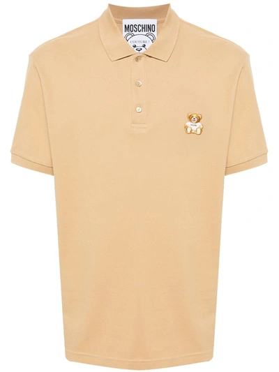 Moschino Teddy Bear Cotton Polo Shirt In Nude & Neutrals