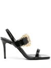 Versace Jeans Couture Black Baroque Buckle Patent Emily Heeled Sandals In Black
