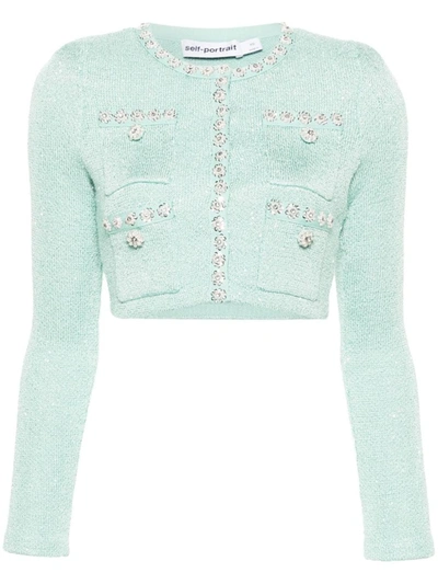 Self-portrait Sequin-embellished Cropped Cardigan In Blue