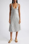 VINCE PLUNGE NECK SEQUIN SILK MIDI SLIPDRESS