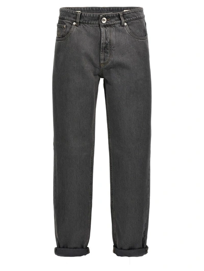 Brunello Cucinelli Logo Embroidery Jeans In Gray