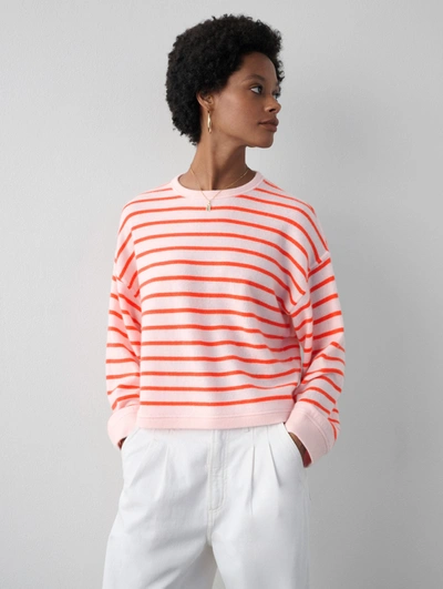 White + Warren Cashmere Drop Shoulder Striped Sweater In Pink Sand/rugby Red