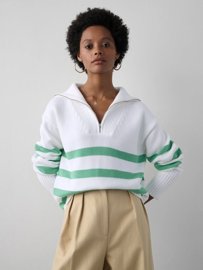 White + Warren Organic Cotton Striped Quarter Zip Sweater In White/lawn Green