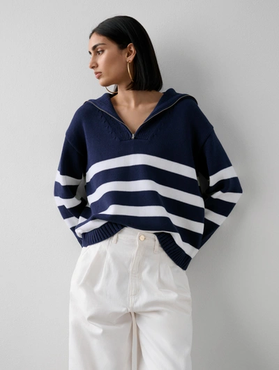 White + Warren Organic Cotton Striped Quarter Zip Sweater In Navy Blue/white