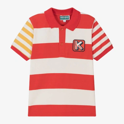 Kenzo Kids' Striped Cotton Polo Shirt In Bright Red