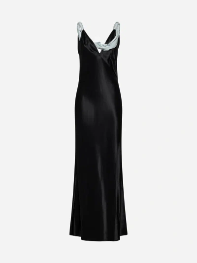 Bottega Veneta Womens Black Light Cyan Draped V-neck Satin Maxi Dress In Black,light Cyan