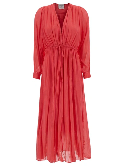 FORTE FORTE LONG DARK ORANGE PLEATED DRESS WITH DRAWSTRING IN COTTON AND SILK WOMAN
