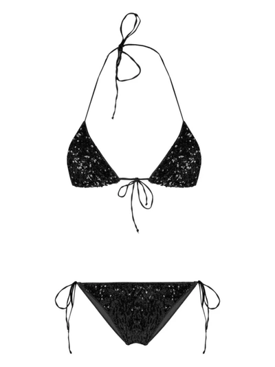 Oseree Self-tie Bikini Set Embellished With Sequins In Black