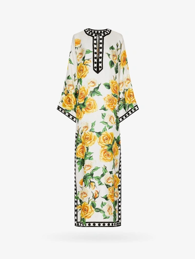 Dolce & Gabbana Long Printed Silk Kaftano Dress In Yellow